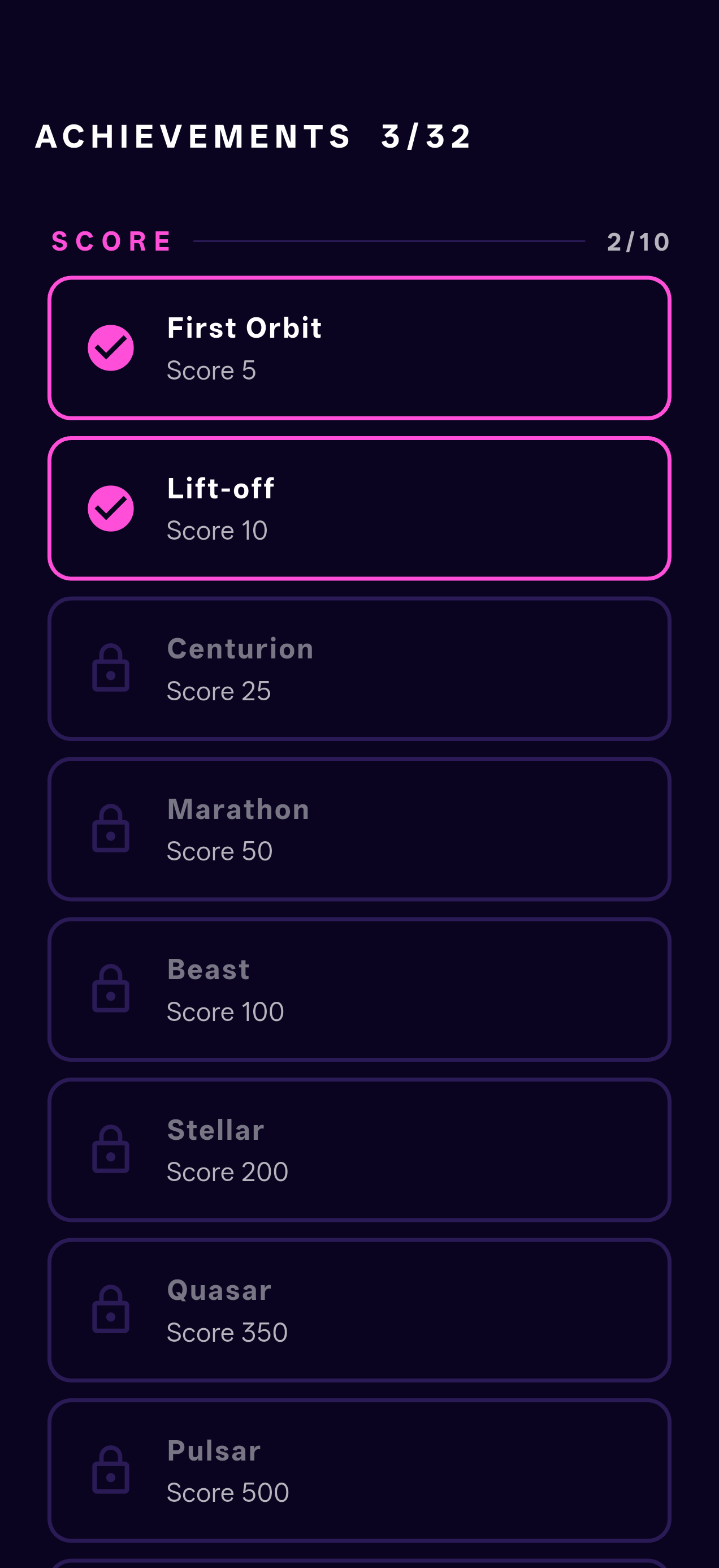 Achievements screen tracking long-tail progression